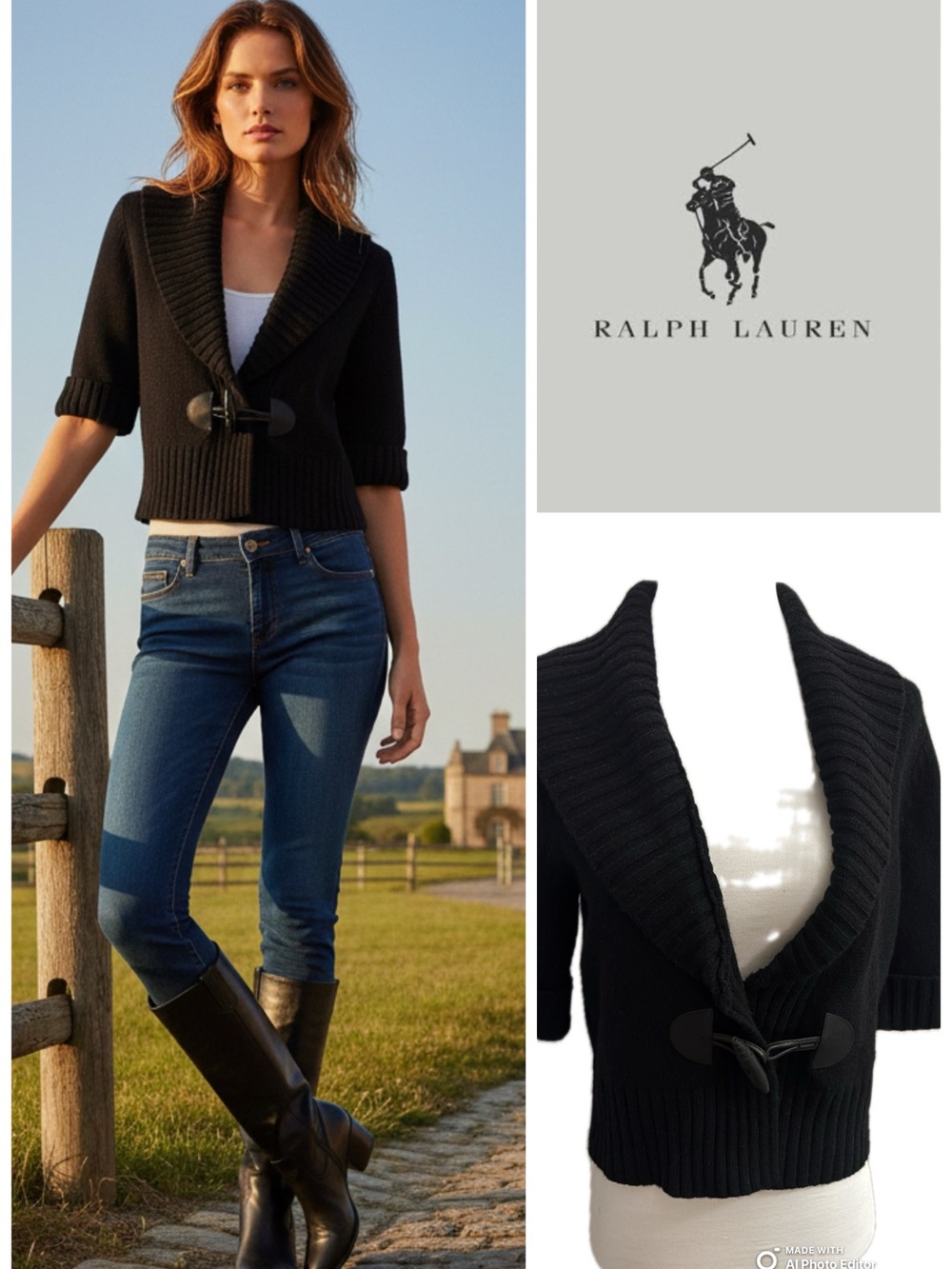 Ralph Lauren Black Cropped Shawl-Collar Toggle Cardigan